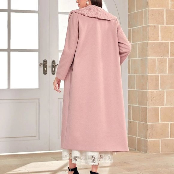 Faux Fur neckline Collar Overcoat Jacket Pink - Picture 6 of 6